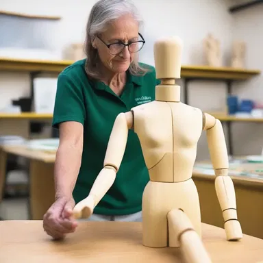 In art class, the teacher demonstrated how to manipulate the apposable joints of a wooden mannequin to create realistic poses.