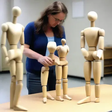 In art class, the teacher demonstrated how to manipulate the apposable joints of a wooden mannequin to create realistic poses.