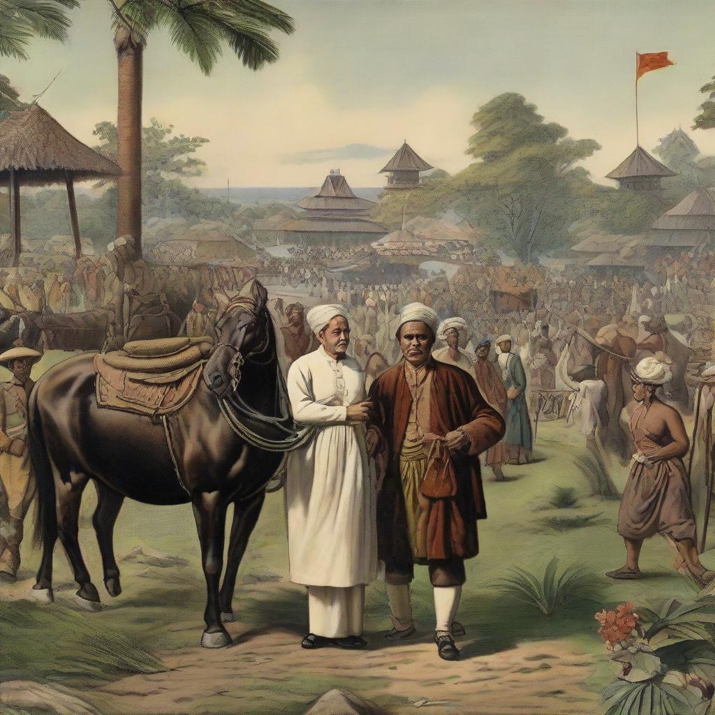 A historically accurate scene depicting the colonization of Indonesia by European powers, emphasizing the juxtaposition of cultures, architectures, and societal structures.