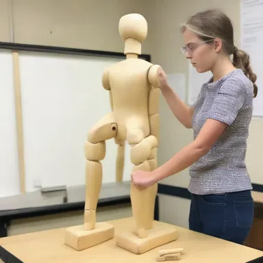 In art class, the teacher demonstrated how to manipulate the apposable joints of a wooden mannequin to create realistic poses.