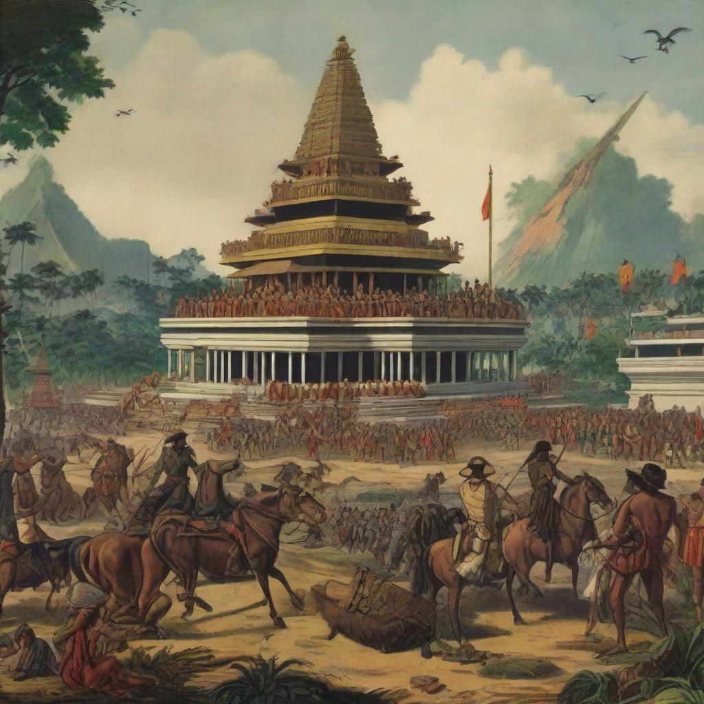 A historically accurate scene depicting the colonization of Indonesia by European powers, emphasizing the juxtaposition of cultures, architectures, and societal structures.