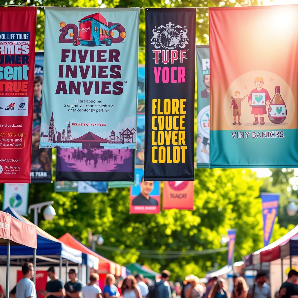 A vibrant display of colorful vinyl banners hanging at an outdoor event, showcasing eye-catching graphics and bold text