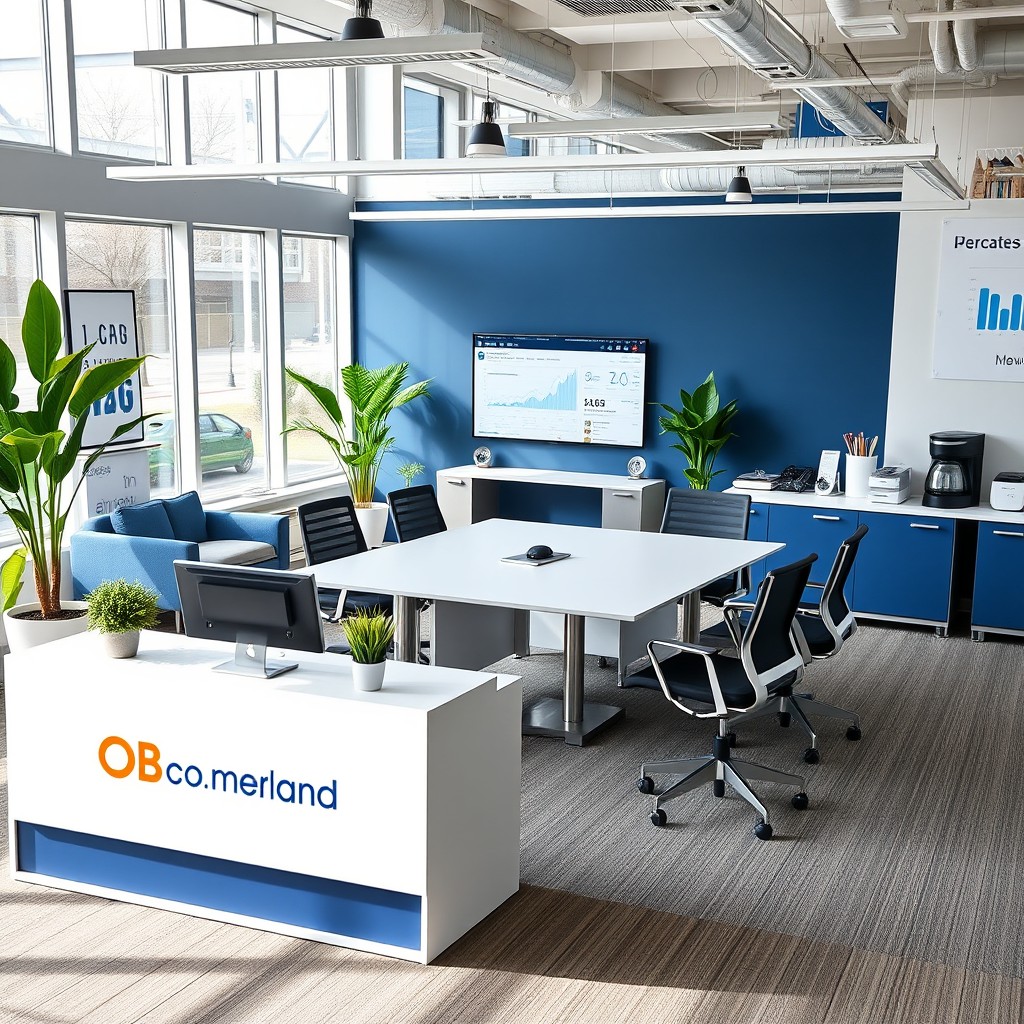 A modern office setup for the OB Merland company, featuring sleek furniture, large windows allowing natural light, and a stylish color palette of blues and whites
