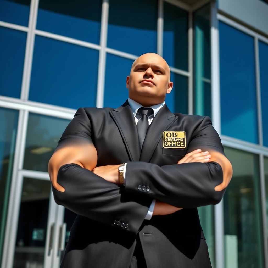 A muscular bodyguard wearing a sleek black suit with a prominent badge that reads 'OB MERLAND OFFICE'