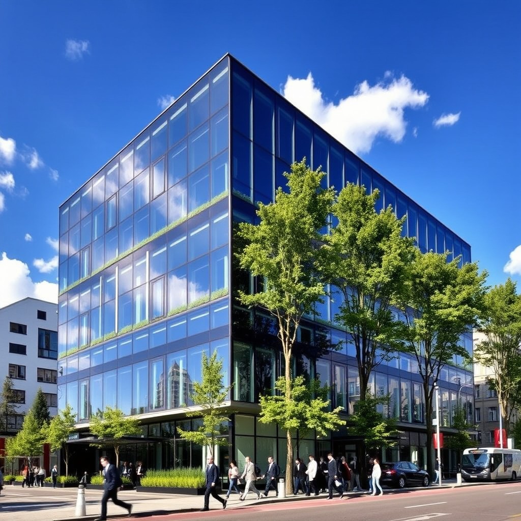 A modern office building in Meland, showcasing a sleek glass facade with reflective surfaces