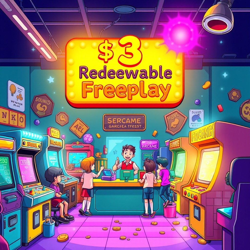 A vibrant and colorful illustration of an arcade scene featuring a bright and enticing sign that reads "$3 Redeemable Freeplay"