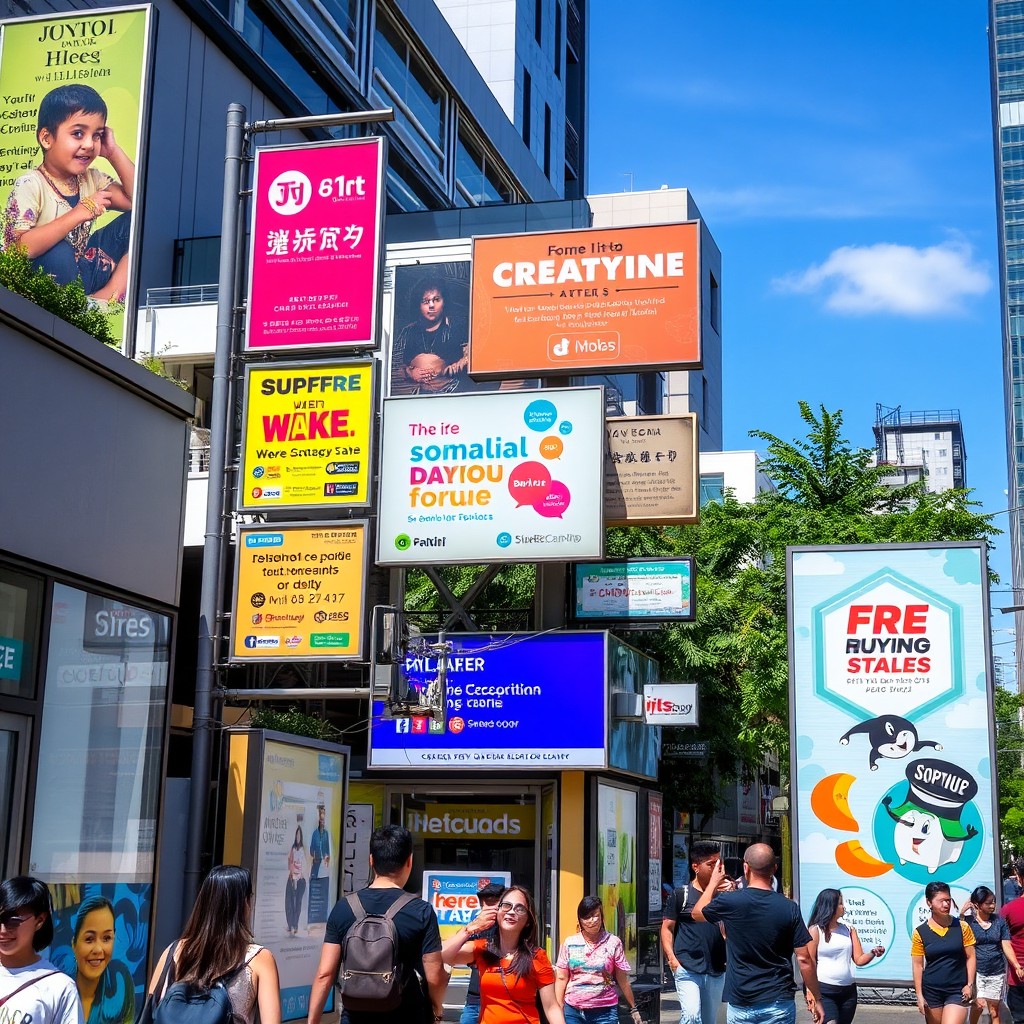 A dynamic outdoor signage display in a busy urban setting, showcasing various signs advertising local businesses, events, and promotions