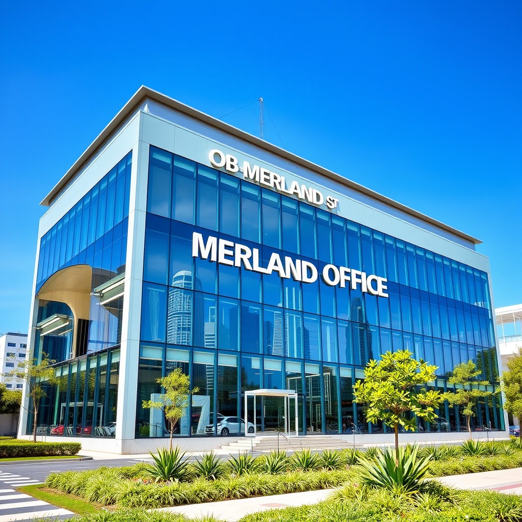 A sleek and modern office building prominently displaying the name 'OB MERLAND OFFICE'