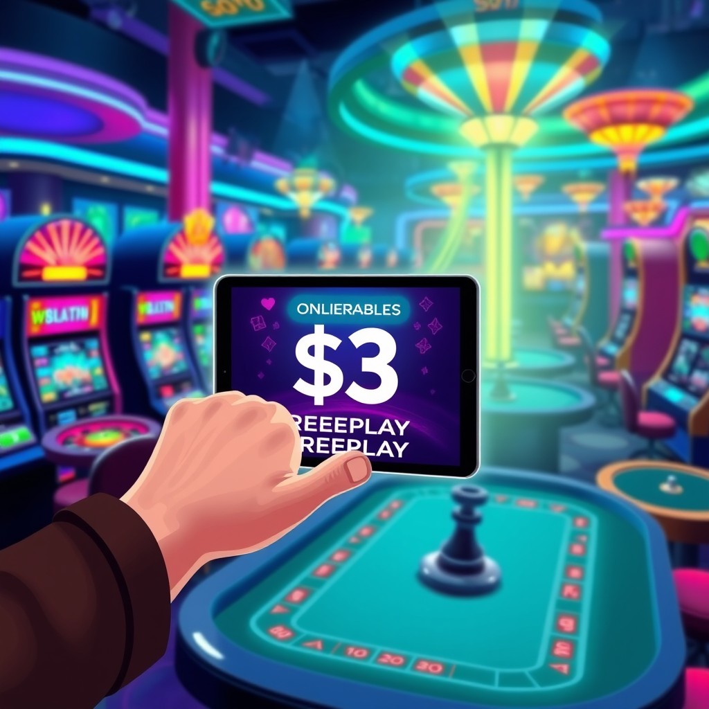 A vibrant online casino scene featuring a digital display showcasing a $3 redeemable freeplay offer
