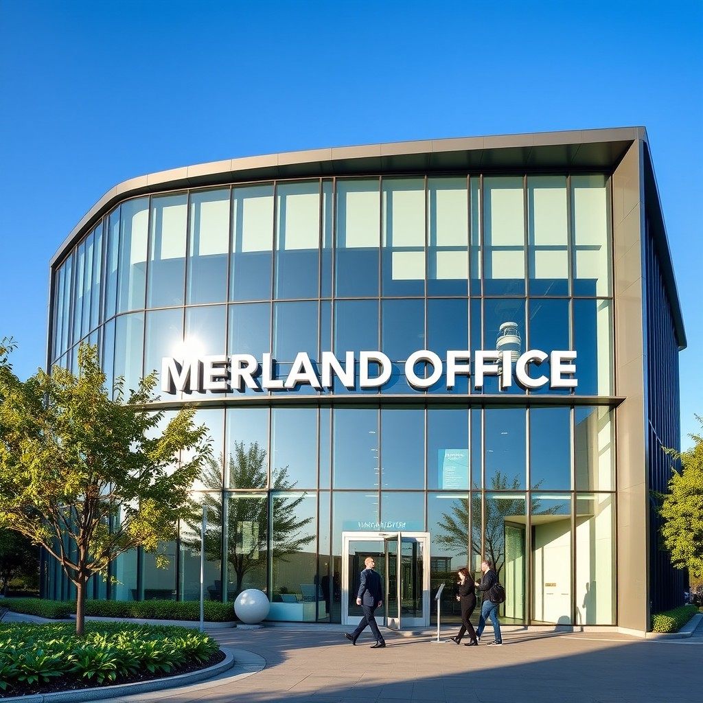 A modern office building featuring the words 'MERLAND OFFICE' prominently displayed on the facade