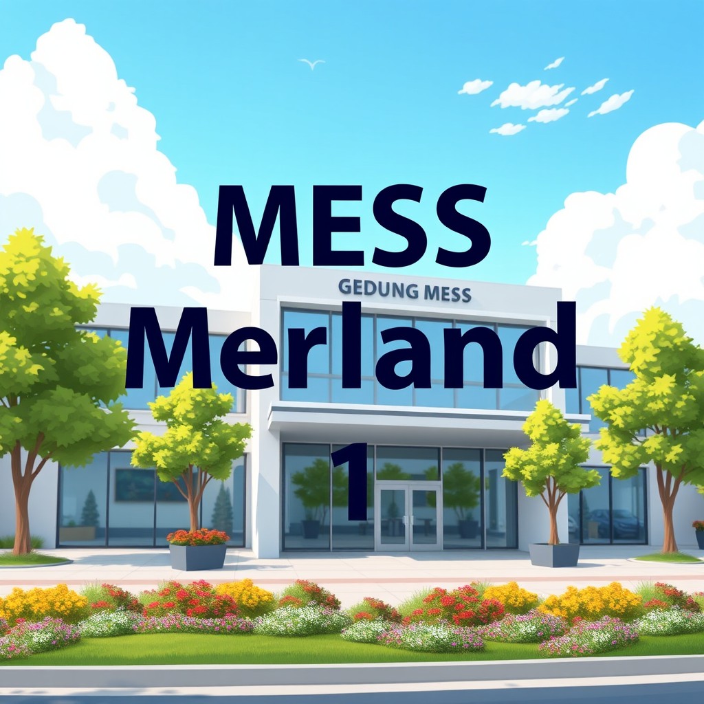 A digitally illustrated scene featuring the phrase 'MESS MERLAND 1' prominently displayed against the background of a modern, sleek building labeled 'GEDUNG MESS'