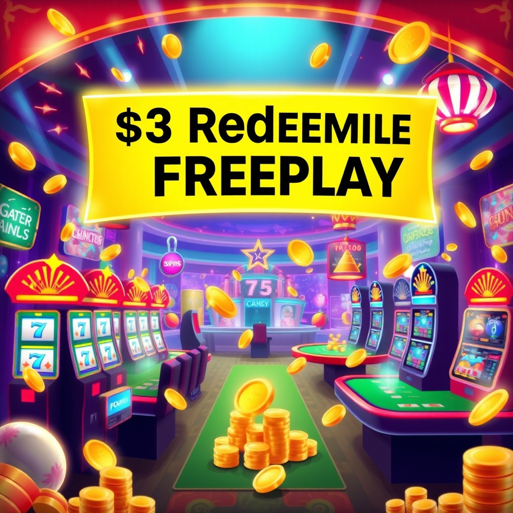 An illustration of an enticing online casino interface showcasing a vibrant and colorful design featuring a bright banner advertising '$3 Redeemable Freeplay'