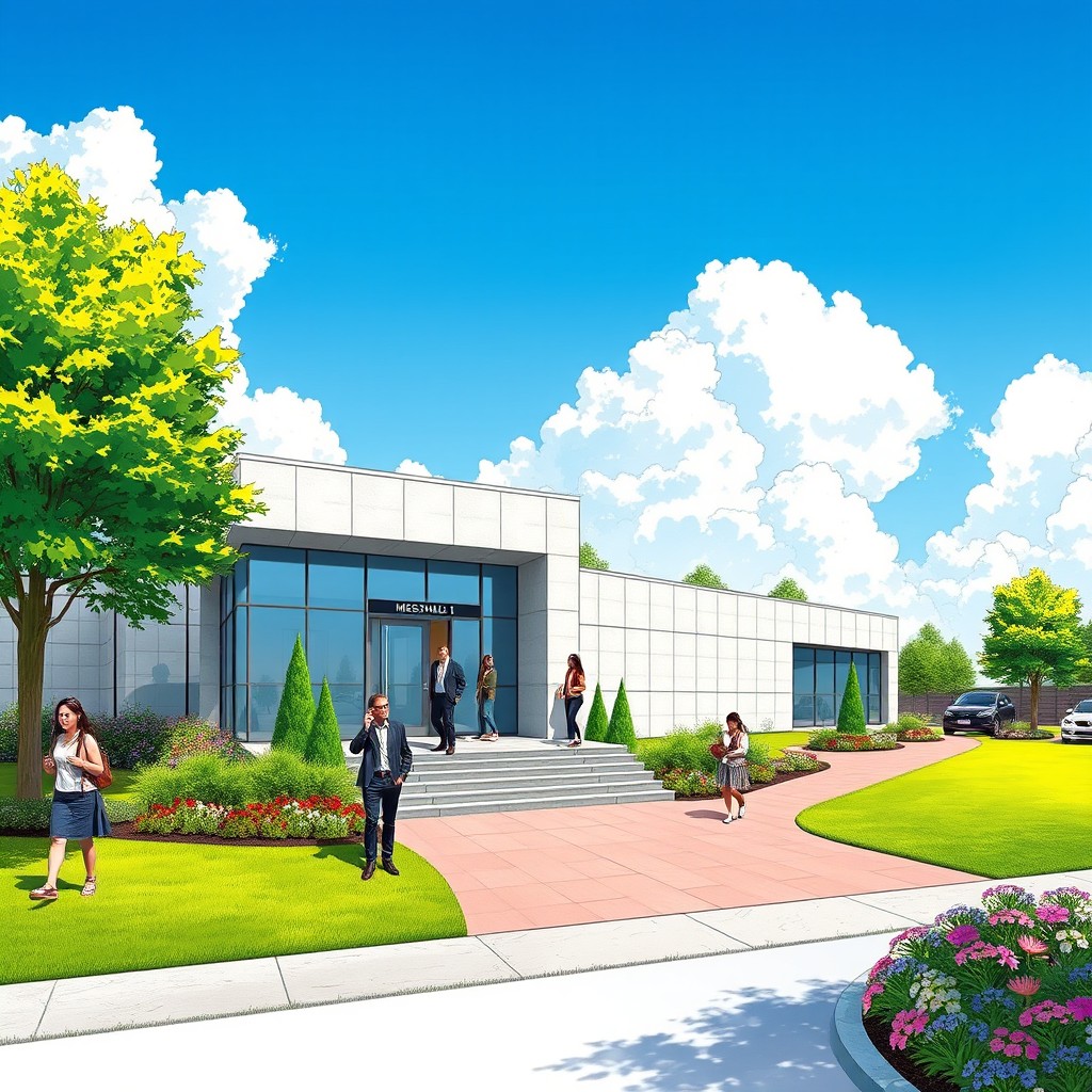 A detailed illustration of a building with a modern architectural design, specifically the Mess Merland 1