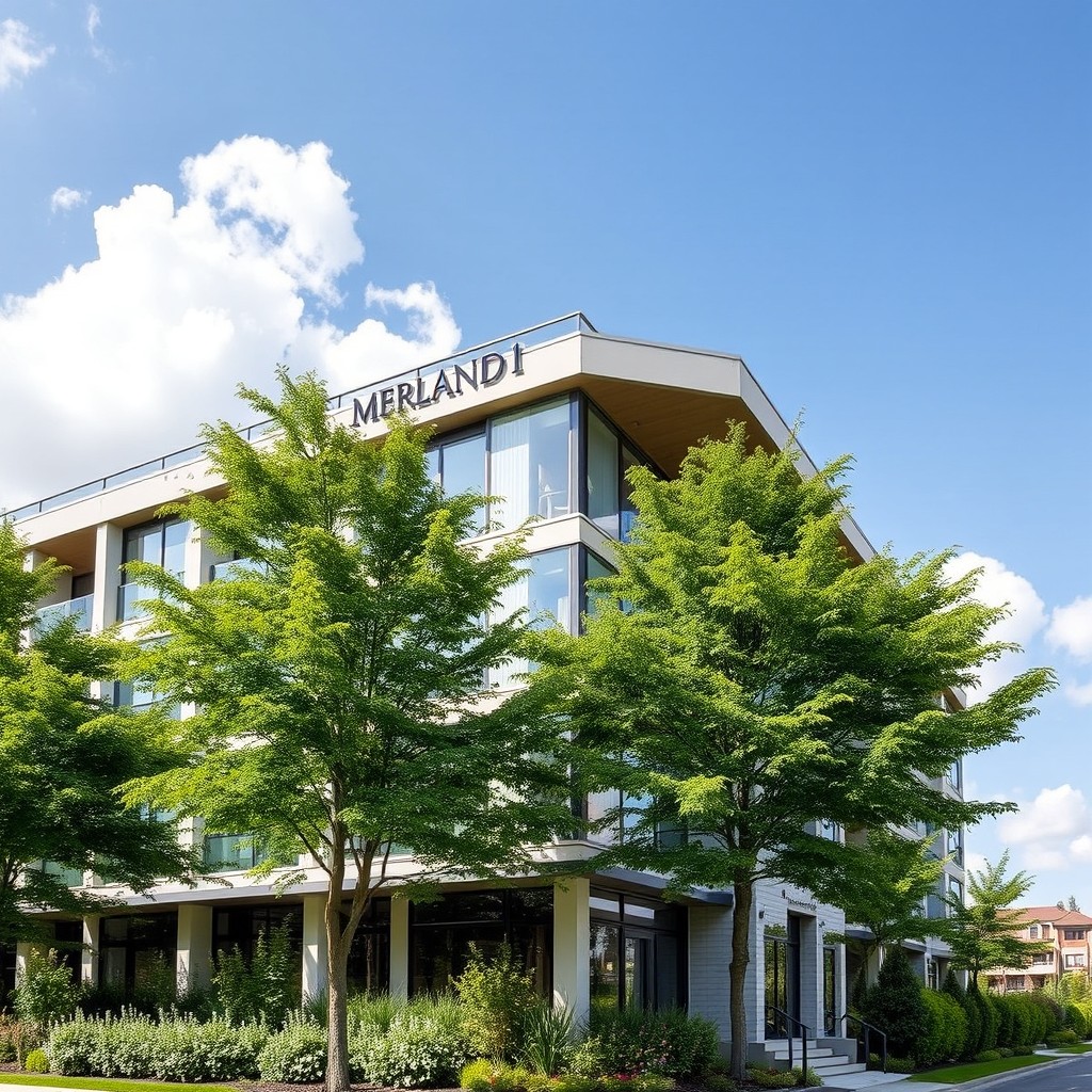 A modern residential building with the name 'MERLAND 1' prominently displayed on the facade