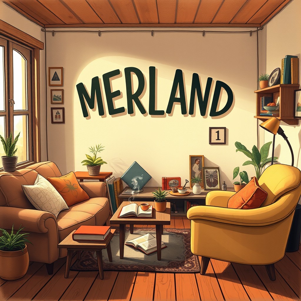 An artistic representation of a cozy living space with a distinct sign or decoration featuring the word 'MERLAND 1'