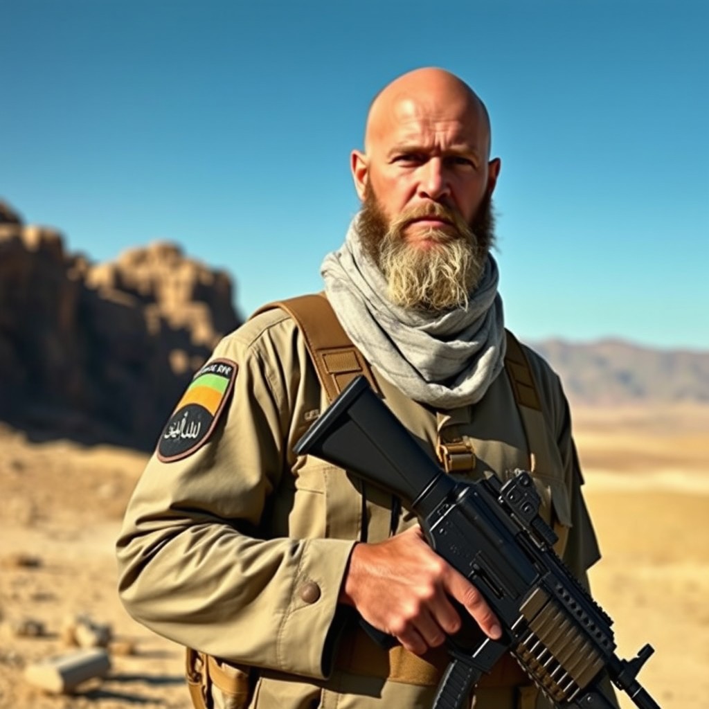 A bald man dressed in a Taliban troop uniform, standing confidently with a serious expression