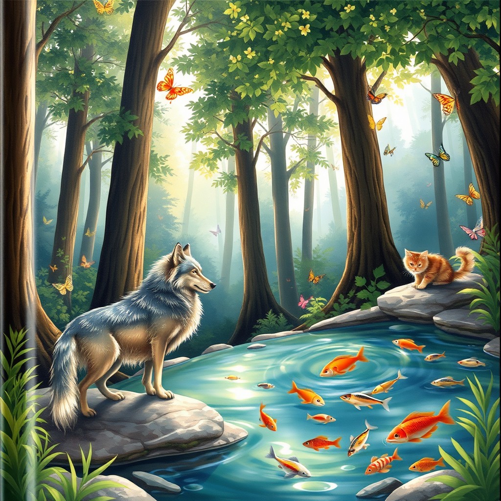 A beautifully illustrated book cover featuring a serene forest setting with tall, lush trees and dappled sunlight filtering through the leaves