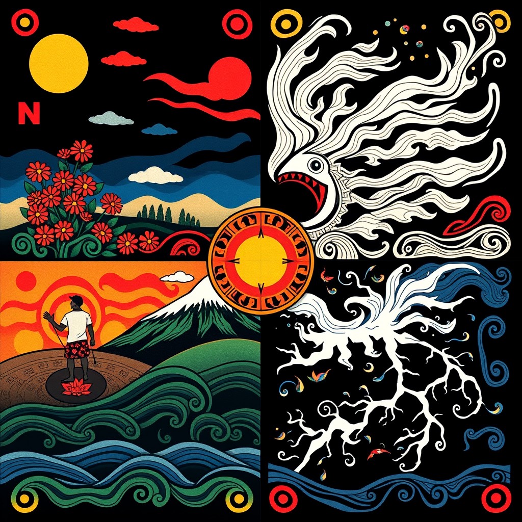 A vibrant representation of the Maori four winds, also known as the four cardinal winds relevant in Maori culture