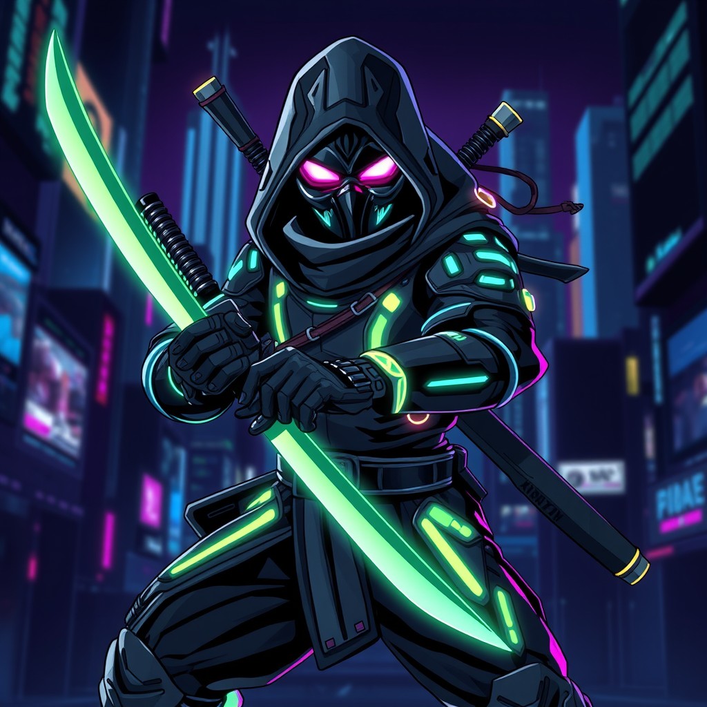 A 48 by 48 pixel character design of a ninja, featuring sleek cyberpunk aesthetics reminiscent of Cyberpunk 2077