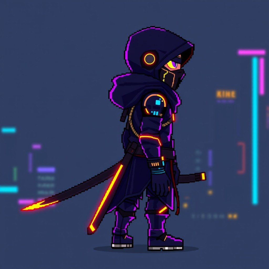 A pixel art character, representing a ninja, designed in the vibrant and gritty style of Cyberpunk 2077