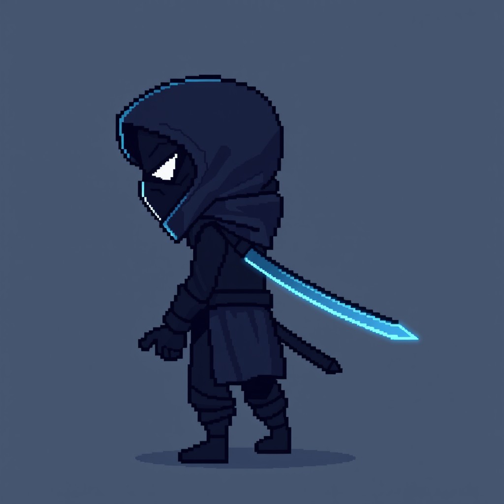 A 2D pixel art cyber ninja character viewed in side profile facing right, captured in a resolution of 48 by 48 pixels