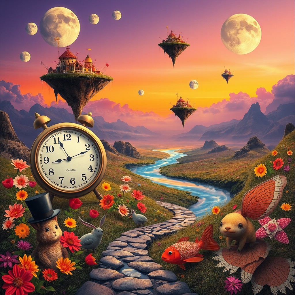 A surrealistic landscape depicting a dream-like scene with floating islands in the sky, oversized flowers with vivid colors, and a river flowing upwards