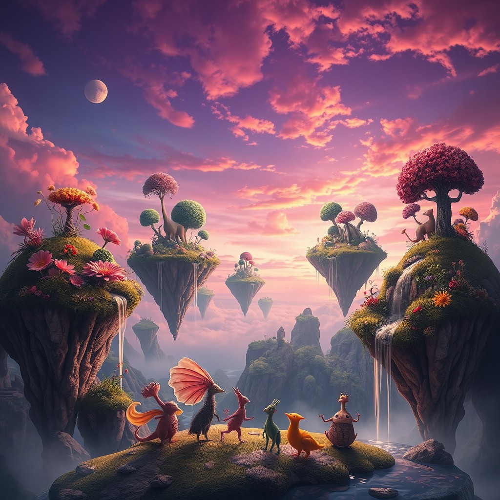 A surrealistic landscape featuring a dreamlike scene with floating islands in a vibrant sky, each island covered in fantastical vegetation, such as oversized flowers and bizarre-shaped trees