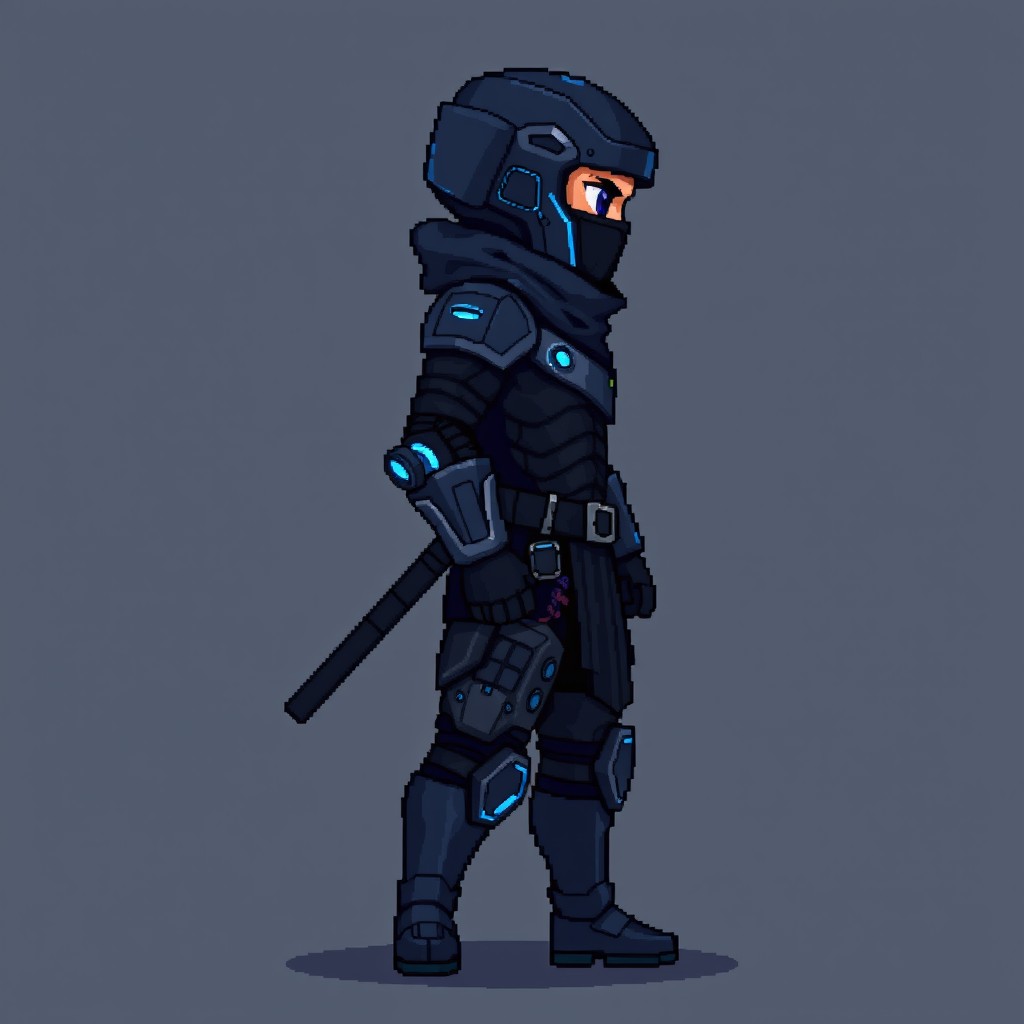 A 2D pixel art character of a cyber ninja, viewed in side profile facing right, rendered in a resolution of 48 by 48 pixels