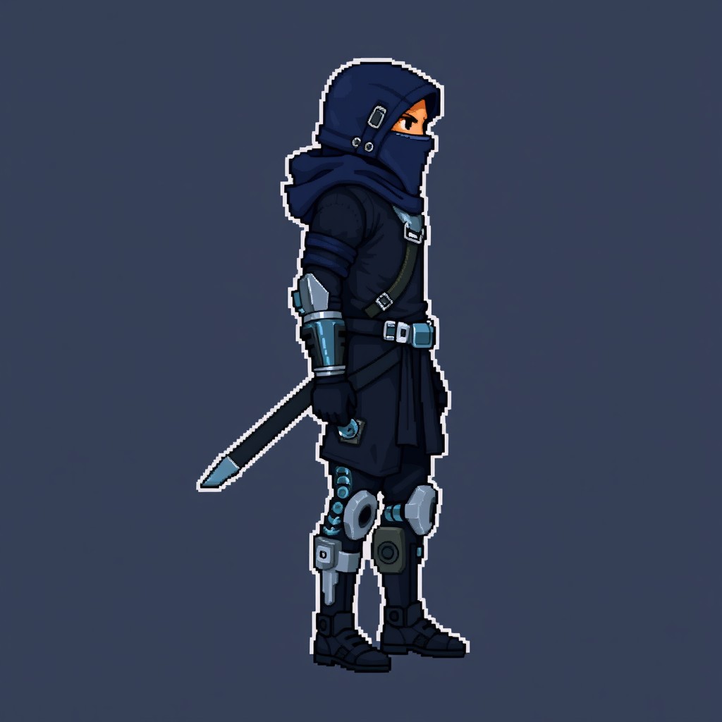 A 2D pixel art depiction of a cyber ninja, shown in side view, facing right, designed at a resolution of 48 by 48 pixels