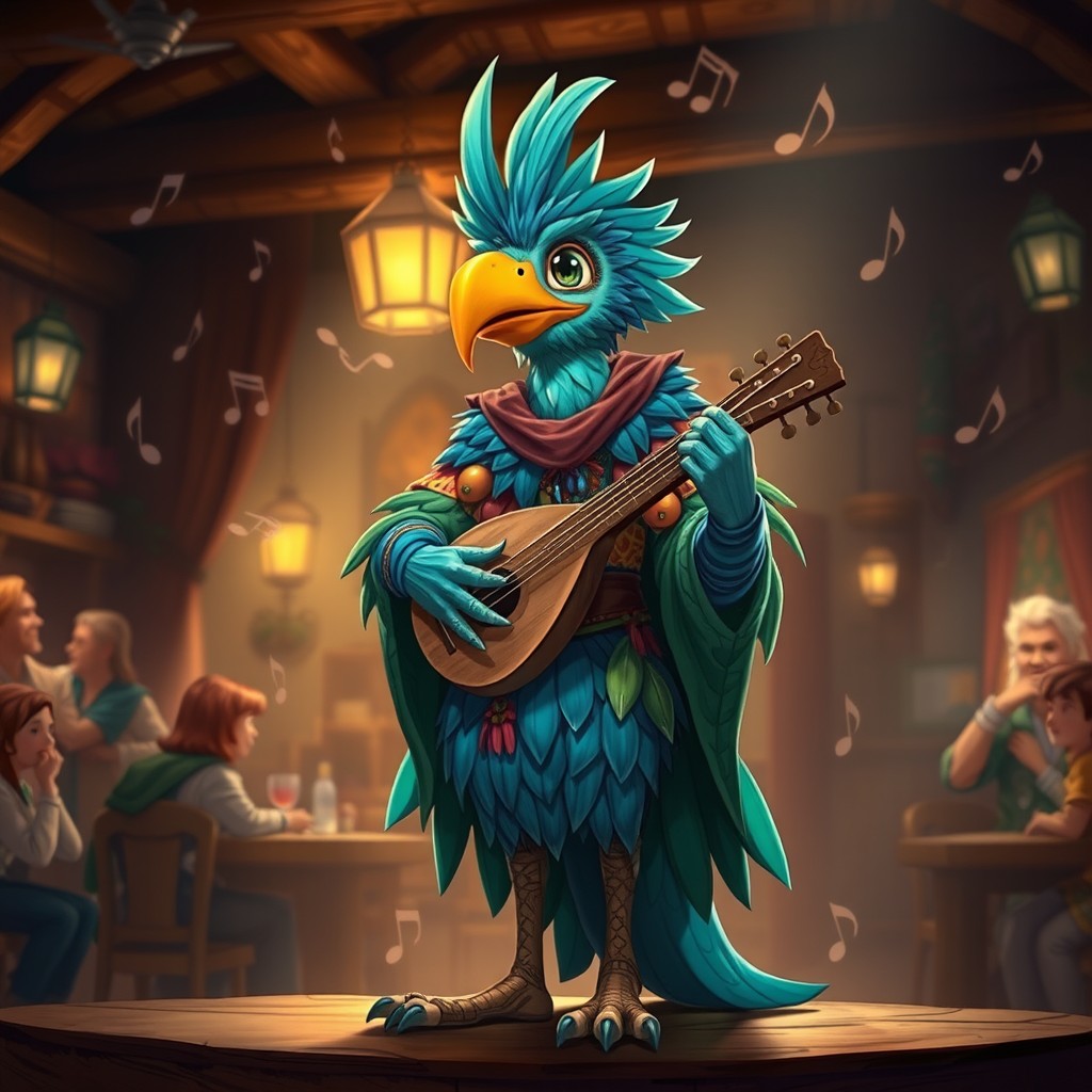 Aarakocra bard character, depicted as a majestic humanoid bird with bright feathers in shades of blue and green