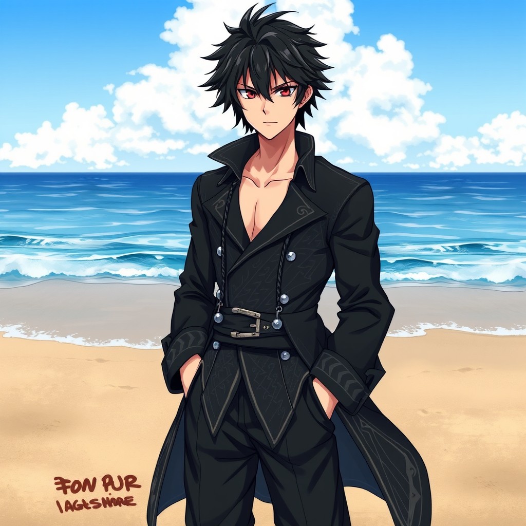 A detailed anime art style illustration featuring a tall adult male character with shaggy black hair and vivid crimson eyes
