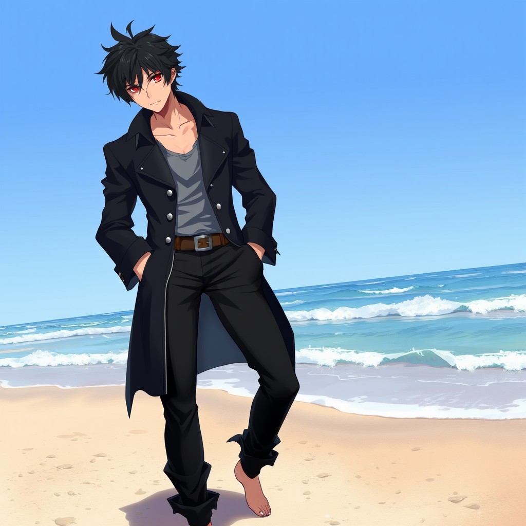 An intricate anime art style illustration portraying a tall adult male character with shaggy black hair and vibrant crimson eyes