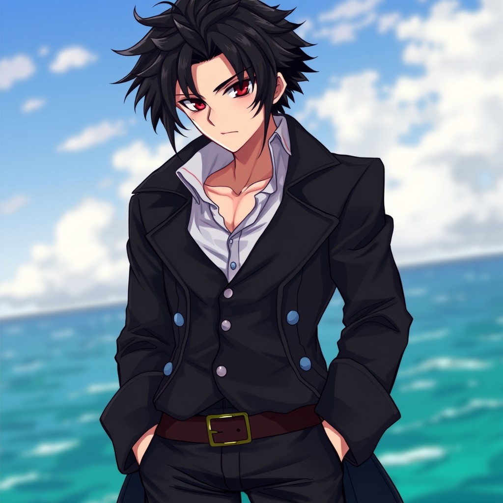 An intricately detailed anime-style illustration featuring a tall adult male character with shaggy black hair and intense crimson eyes