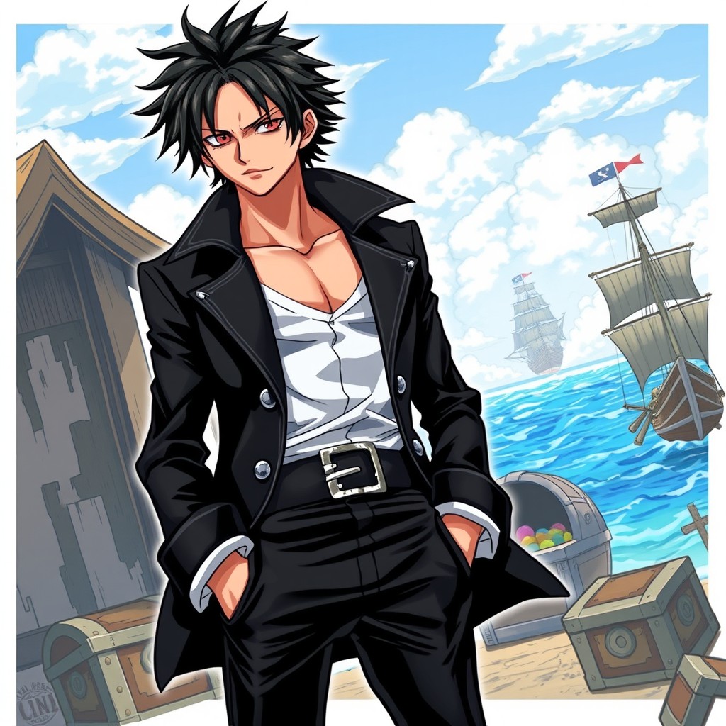 A detailed illustration in the One Piece art style featuring a tall adult male character with shaggy black hair and striking crimson eyes