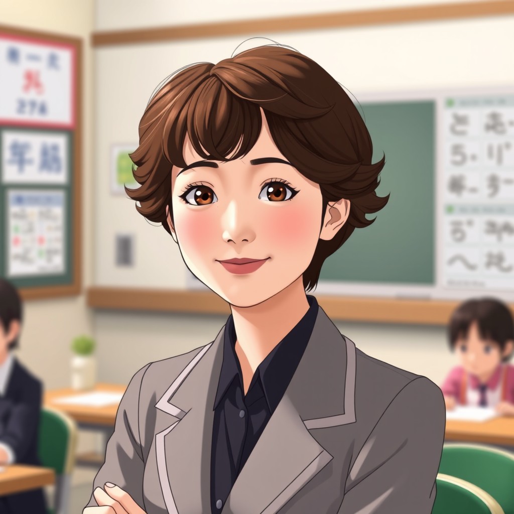 A woman in her late 30s, depicted in a whimsical Studio Ghibli style, acting as a Korean language teacher