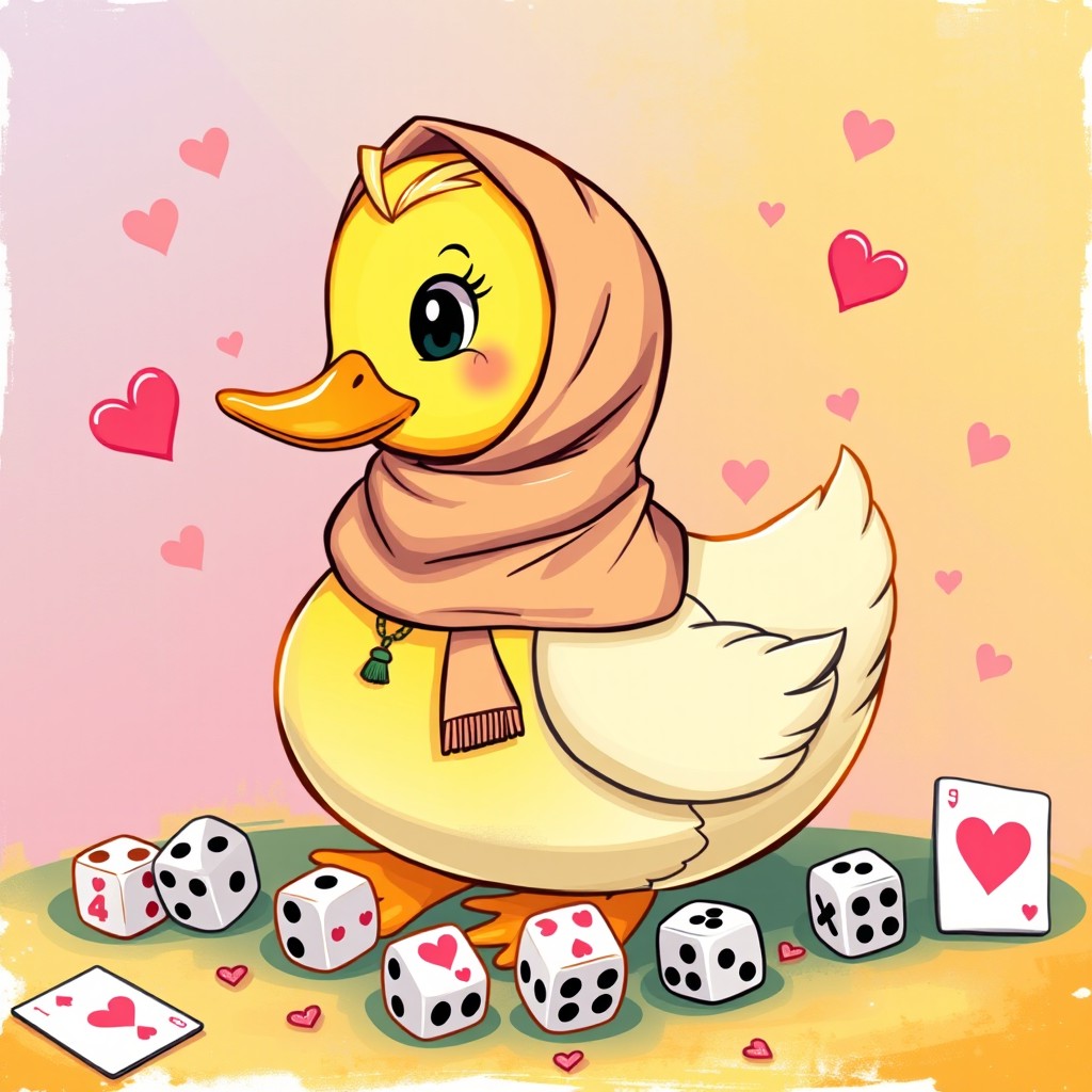 A whimsical and colorful illustration featuring a duck designed to resemble a puzzle piece, wearing a stylish hijab