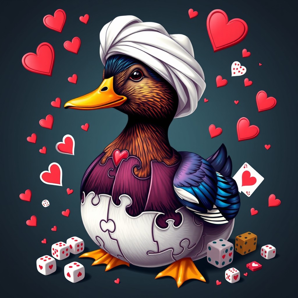 A masculine duck designed as a puzzle piece, wearing a traditional white ghutra headdress