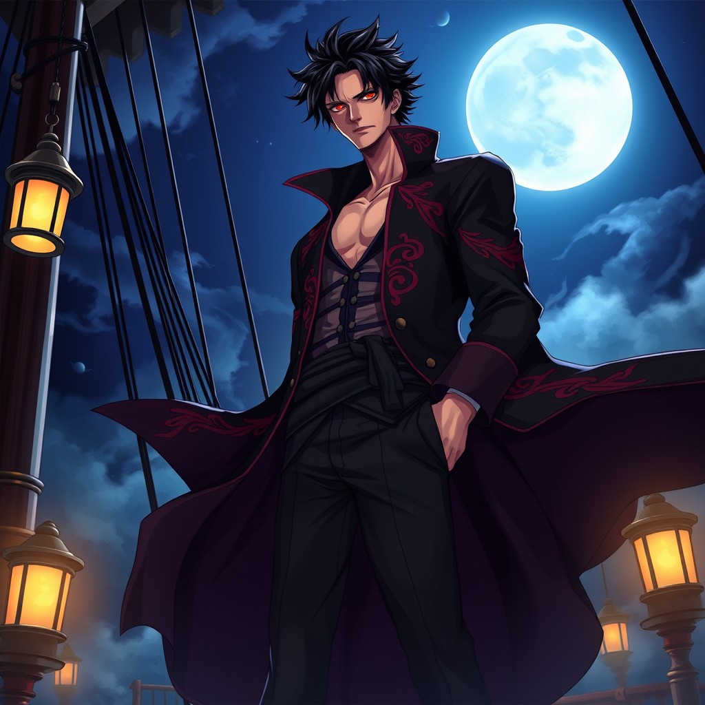 A tall, lean adult male pirate illustrated in a detailed One Piece anime style