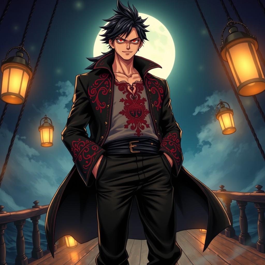 A tall, lean adult male pirate illustrated in a detailed One Piece anime style