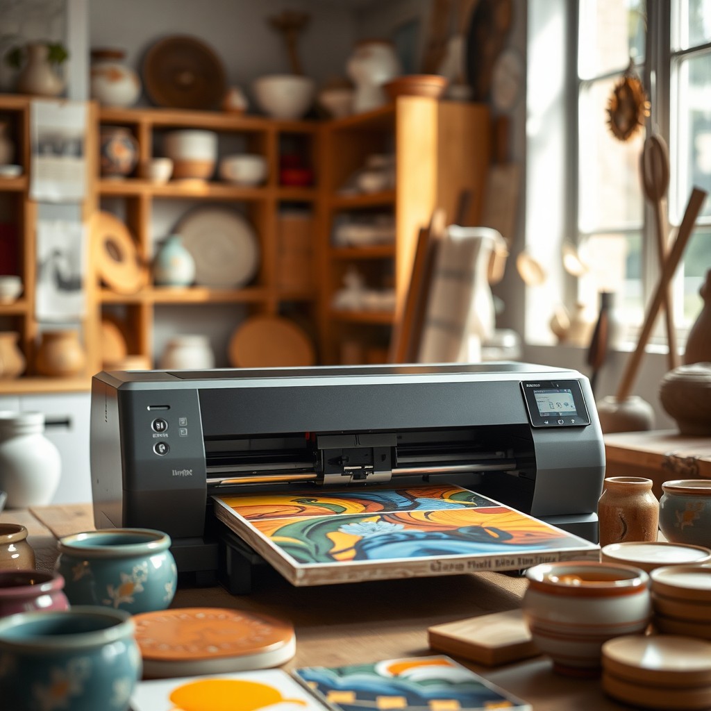 A high-quality natural photo showcasing a ceramic inkjet printer in action, surrounded by vibrant ceramic inks