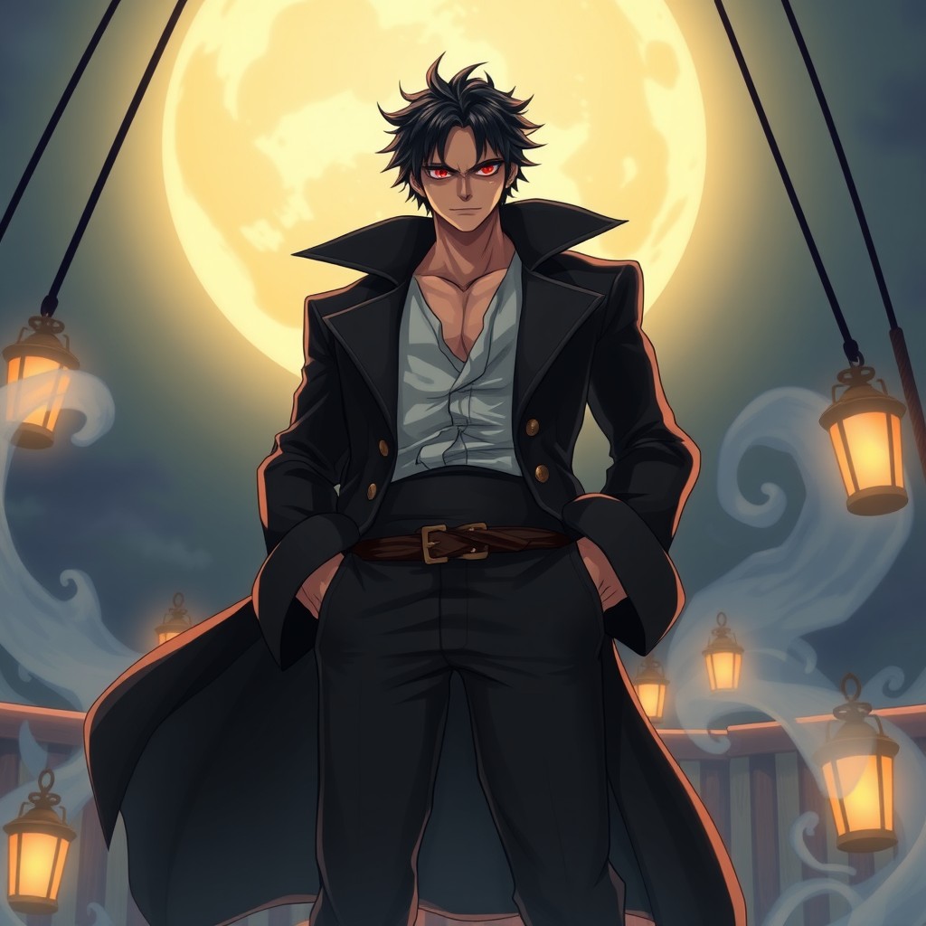 A tall, lean adult male pirate illustrated in a detailed One Piece anime style