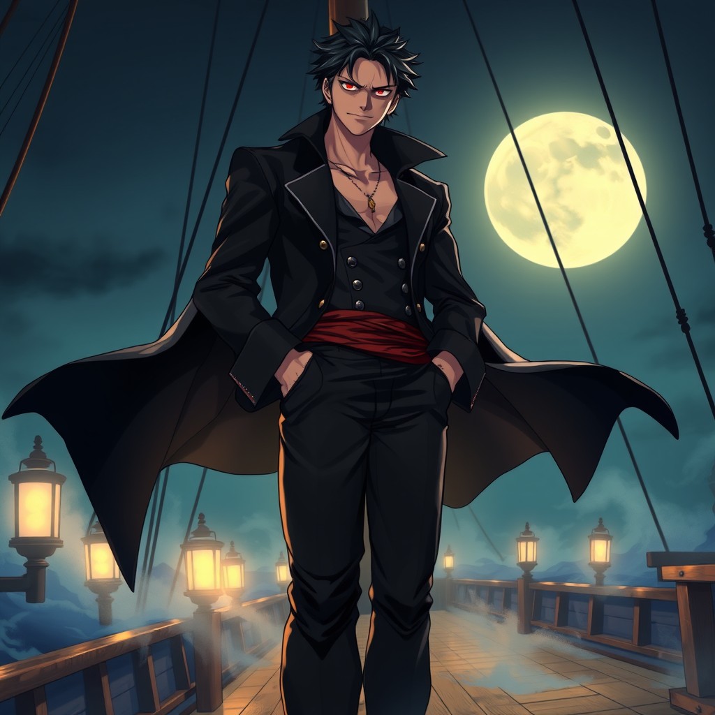 A tall, lean adult male pirate illustrated in a detailed One Piece anime style