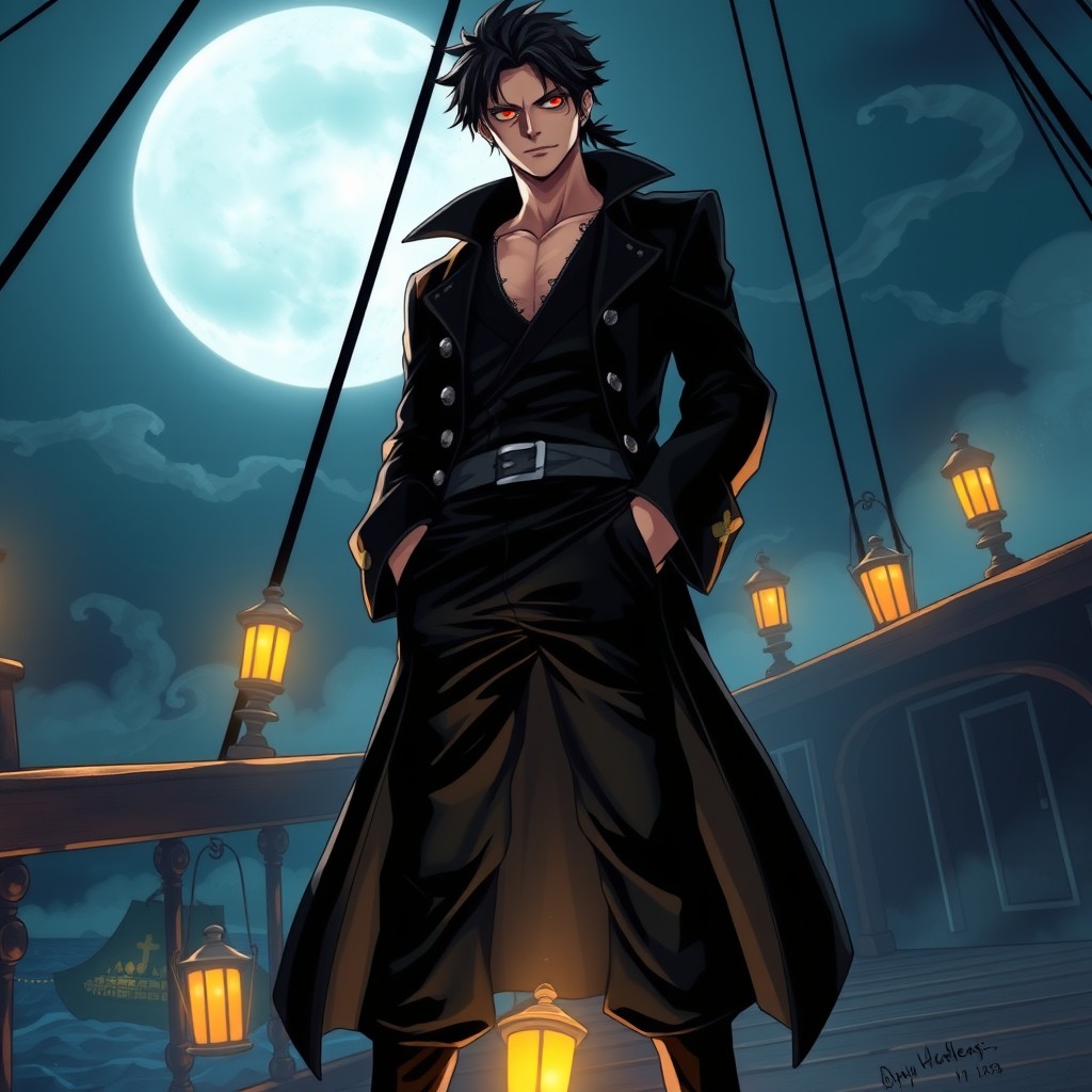 A tall, lean adult male pirate illustrated in a detailed One Piece anime style