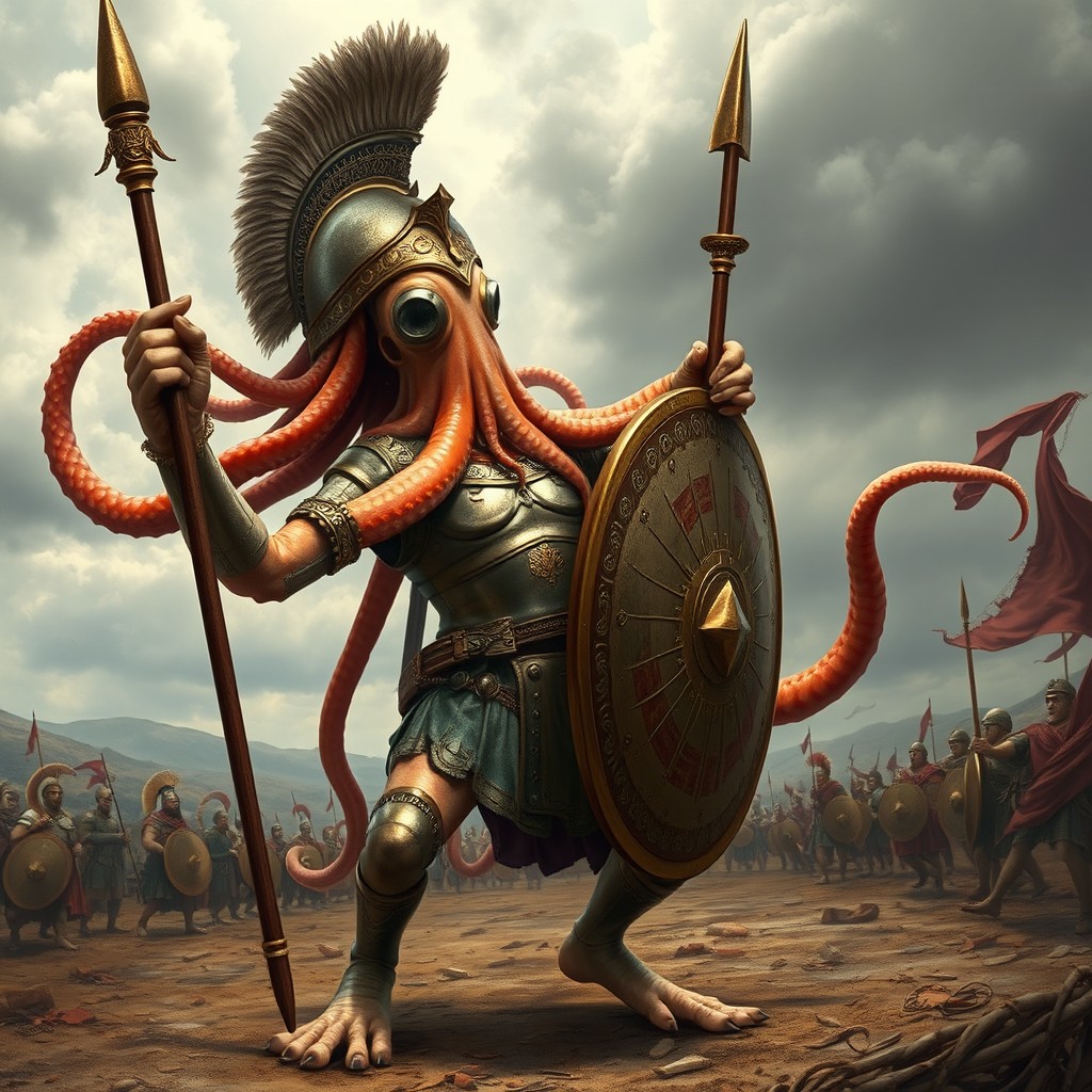 A fantastical creature that is a blend of a squid and a Roman soldier, featuring an intricately detailed squid body with vibrant, flowing tentacles