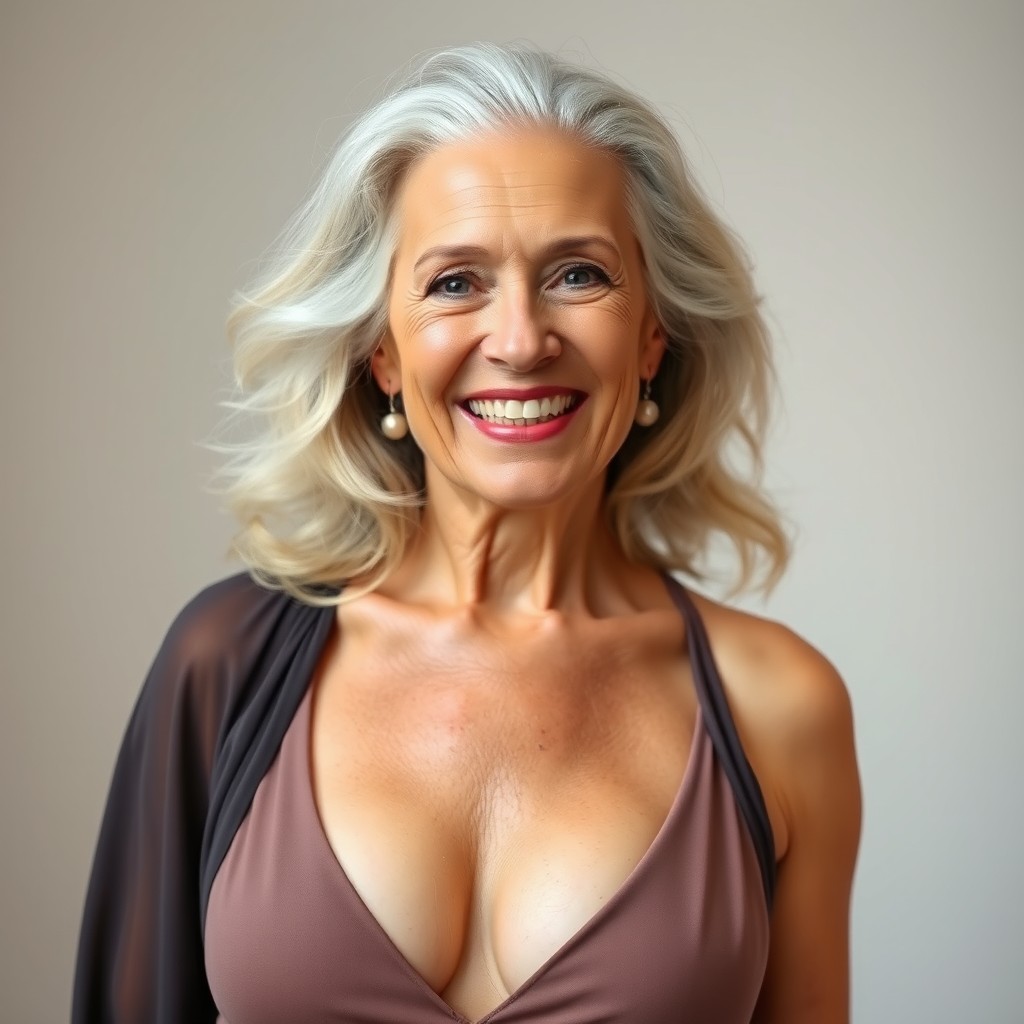 An older woman with a charming smile, showcasing her character despite missing teeth, wearing a stylish low-cut dress that highlights her confidence and grace