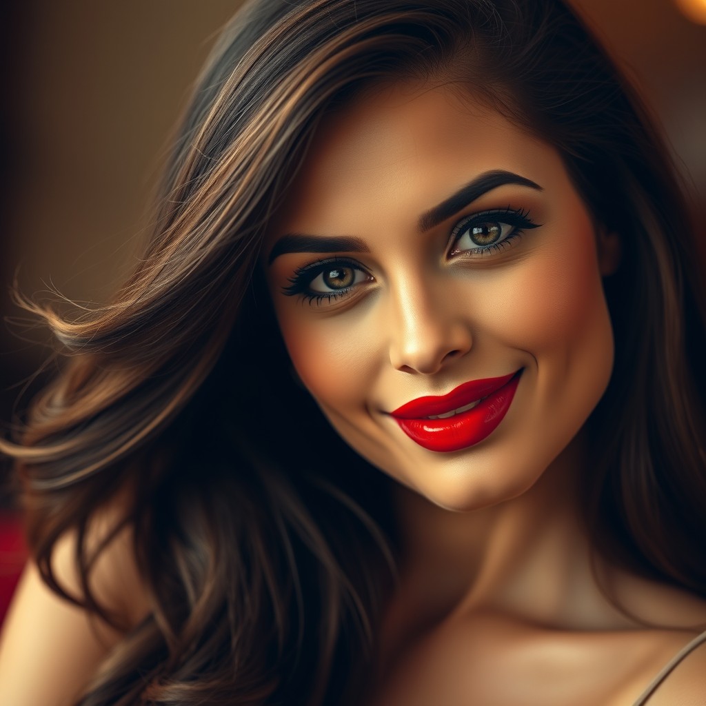 A portrait of a confident and attractive woman with luscious, full lips reminiscent of a glamorous cinematic style