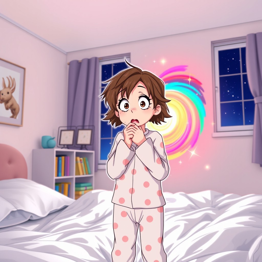 A brown-haired girl in cozy pajamas standing in her bedroom, her expression one of shock and amazement as she gazes at a bright, swirling light emitting from a portal in the wall