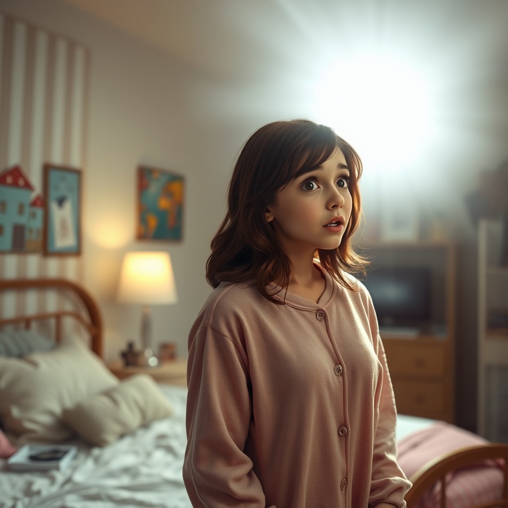 A realistic depiction of a shocked young woman with brown hair wearing cozy pajamas, standing in her bedroom