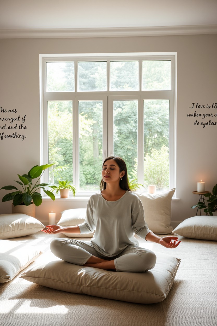 A serene and inviting meditation space, softly lit, with plush cushions and a calming color palette of soft blues and greens