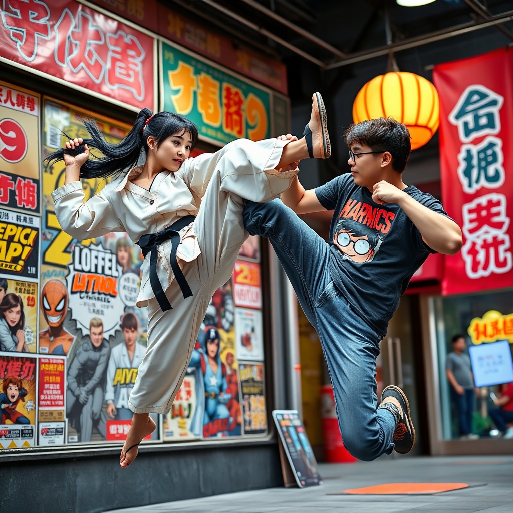 A dynamic scene depicting a Chinese woman demonstrating martial arts by performing a high flying kick (voadora) towards an American nerd